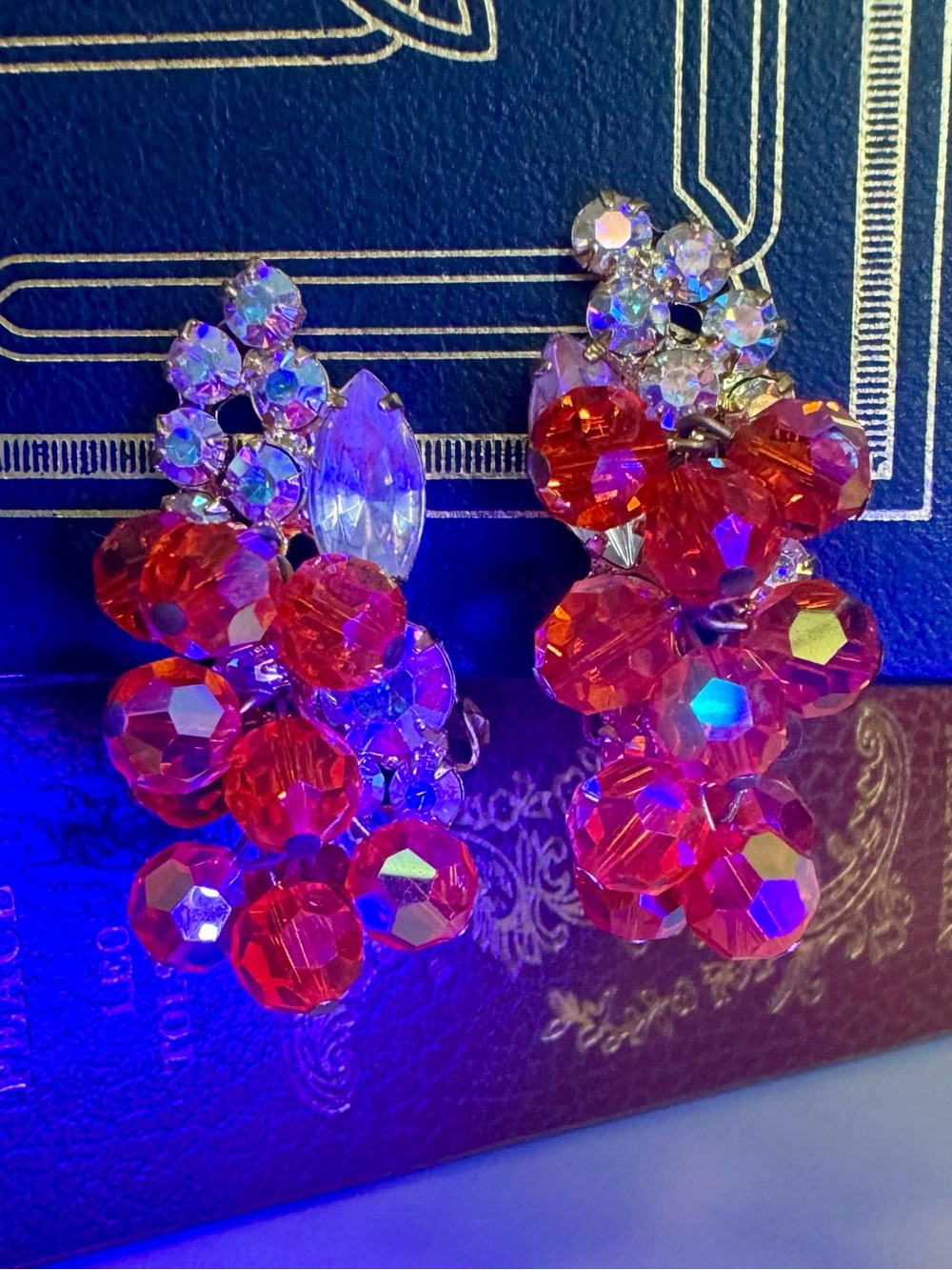 GLOW! 1950s Beau Jewels Cadmium Cha Cha AB Crystal Cluster Clip On Earrings